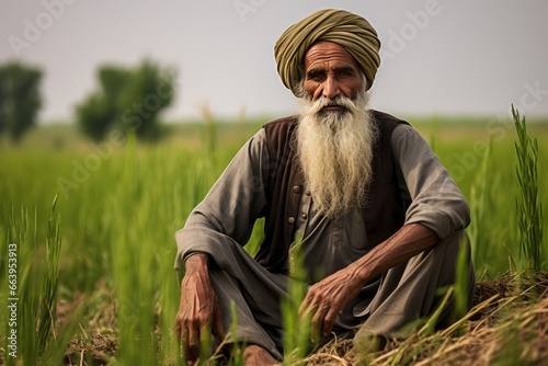 Portrait of a rural elderly Muslim man sitting on the grass photo