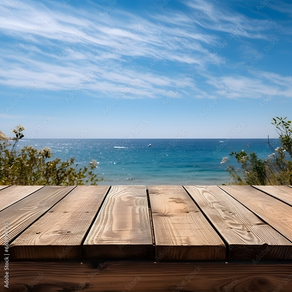wooden board mockup with beach background
