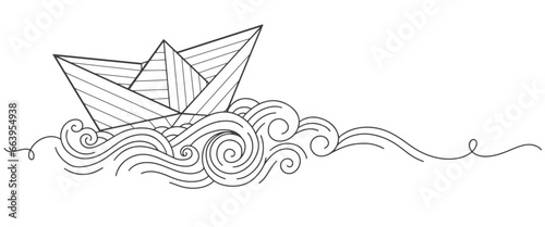 Paper boat line art style vector illustration
