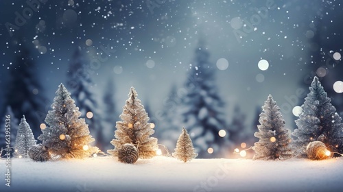 Christmas winter blurred background. Widescreen backdrop. New year Winter art design, wide screen holiday border, Xmas tree with snow decorated with garland lights, holiday festive background. 