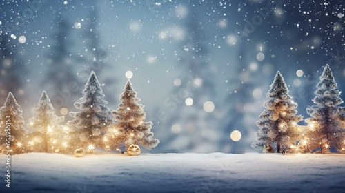 Christmas winter blurred background. Widescreen backdrop. New year Winter art design, wide screen holiday border, Xmas tree with snow decorated with garland lights, holiday festive background. 