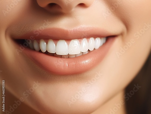 closeup womans smile toothbrush left align content white border background healthy skin bite lip mouths panels smiling confidently large teeth photo