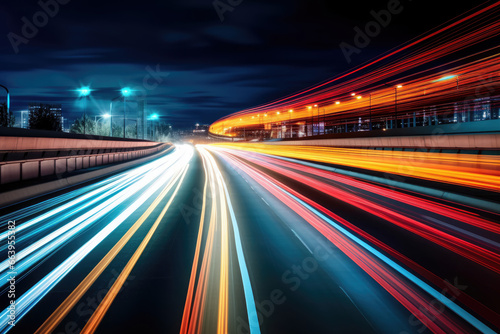 Long exposure high speed traffic light trails over a highway, Motorway and Junction in big city. High speed motion blur, light trails on motorway highway at night.