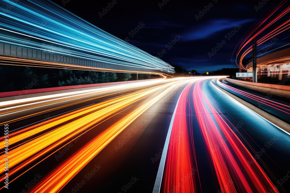 Long exposure high speed traffic light trails over a highway, Motorway and Junction in big city. High speed motion blur, light trails on motorway highway at night. Long exposure high speed traffic light trails over a highway, Motorway and Junction in big city. High speed motion blur, light trails on motorway highway at night.