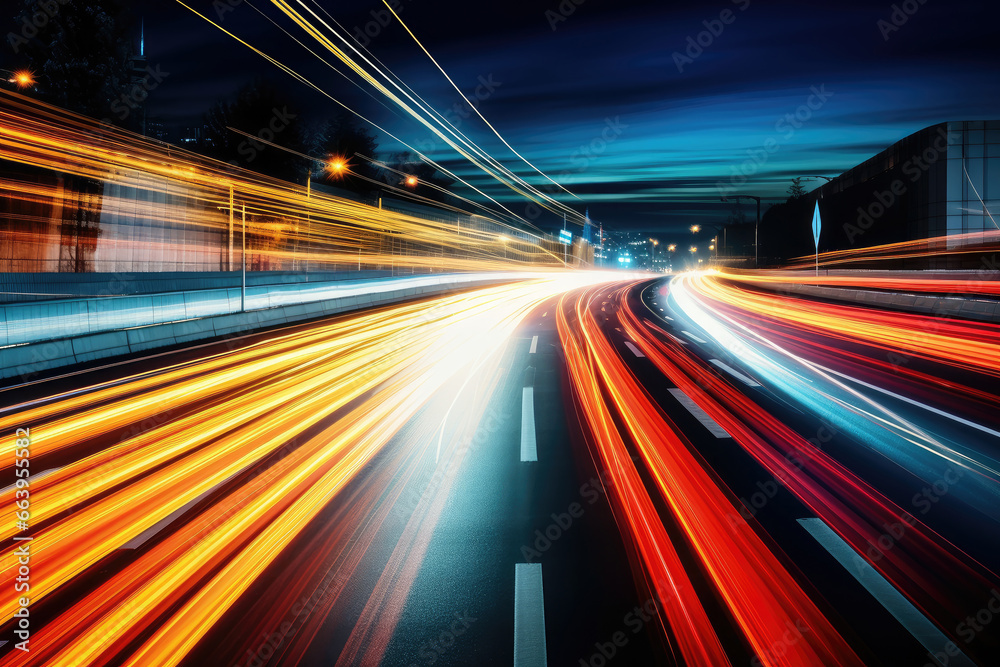 Long exposure high speed traffic light trails over a highway, Motorway and Junction in big city. High speed motion blur, light trails on motorway highway at night. Long exposure high speed traffic light trails over a highway, Motorway and Junction in big city. High speed motion blur, light trails on motorway highway at night.