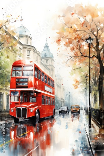 London street with red bus in rainy day sketch illustration