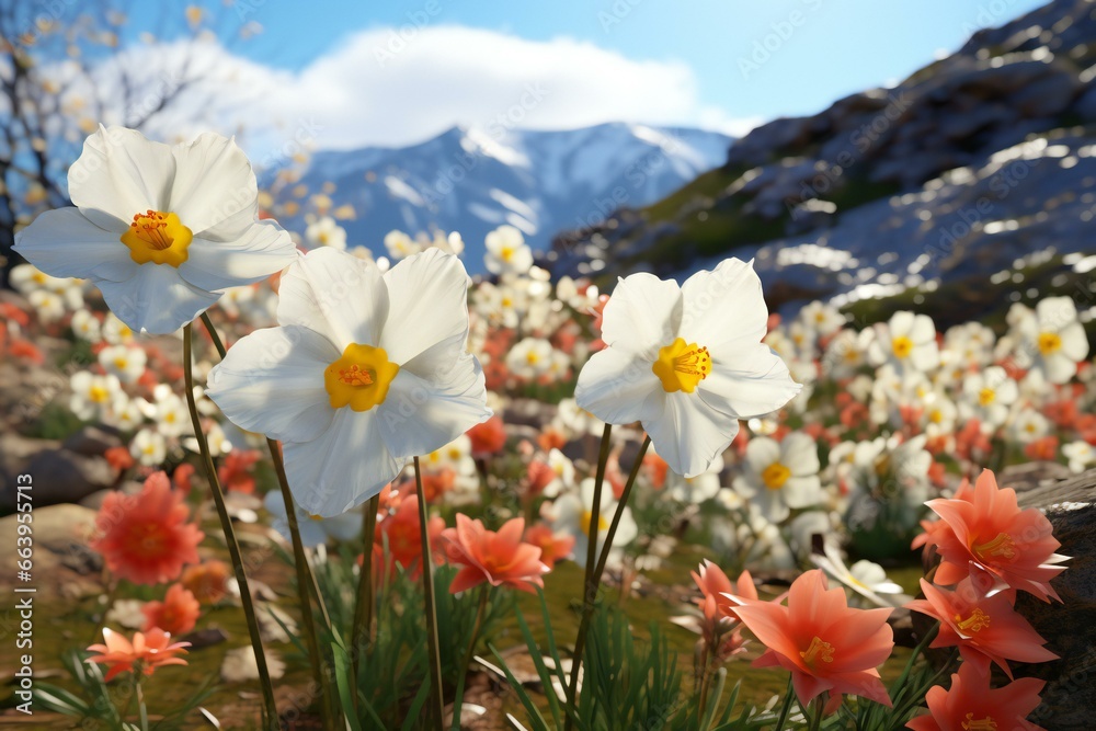 Obraz premium Spring flowers in the field. Spring flowers close-up view. Crocus, Primrose, Petunia, Daffodils in bloom.