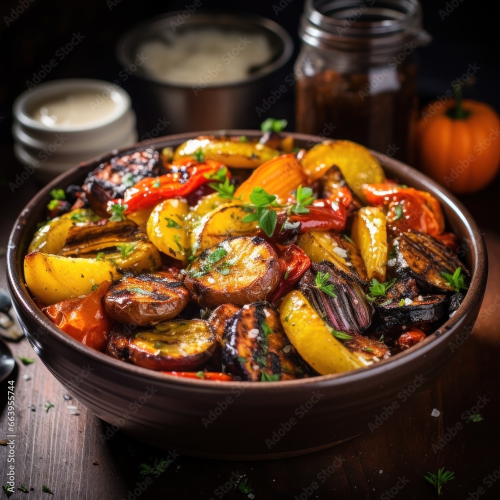 Delicious Roasted Fruits and Vegetables on a Rustic Wood Delicious Roasted Fruits and Vegetables on a Rustic Wood