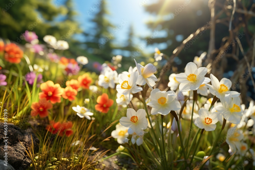 Obraz premium Spring flowers in the field. Spring flowers close-up view. Crocus, Primrose, Petunia, Daffodils in bloom.