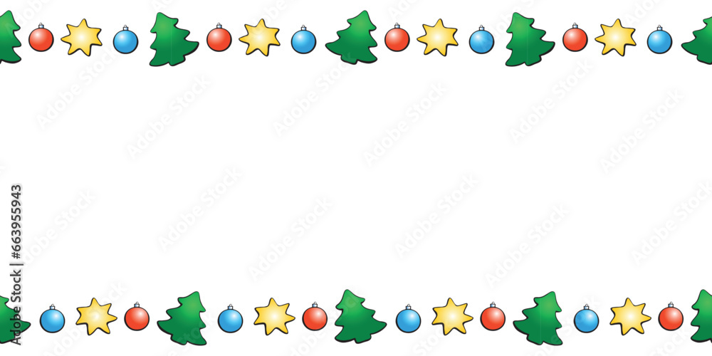 Vector background, frame, border of color festive symbols - figures of Christmas trees, stars, xmas balls, decorations. Bright horizontal top and bottom edging for Merry Christmas, Happy New Year
