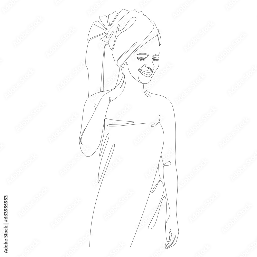 Collection. Girl silhouettes in modern continuous line style. A lady after a shower with a towel on her head. Outline for decor, posters, wall art, stickers, logo. Vector illustration set. Collection. Girl silhouettes in modern continuous line style. A lady after a shower with a towel on her head. Outline for decor, posters, wall art, stickers, logo. Vector illustration set.