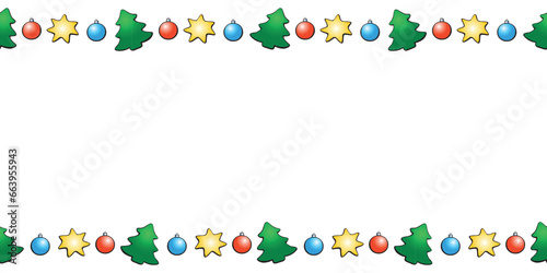 Vector background, frame, border of color festive symbols - figures of Christmas trees, stars, xmas balls, decorations. Bright horizontal top and bottom edging for Merry Christmas, Happy New Year