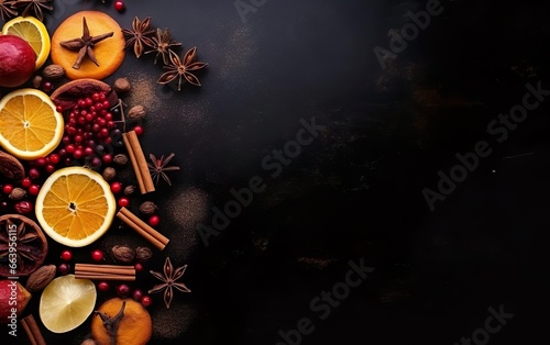Mulled wine spices poster. Citruses, cinnamon rolls, anise stars on a black background, top view, copy space at the right. Merry Christmas banner