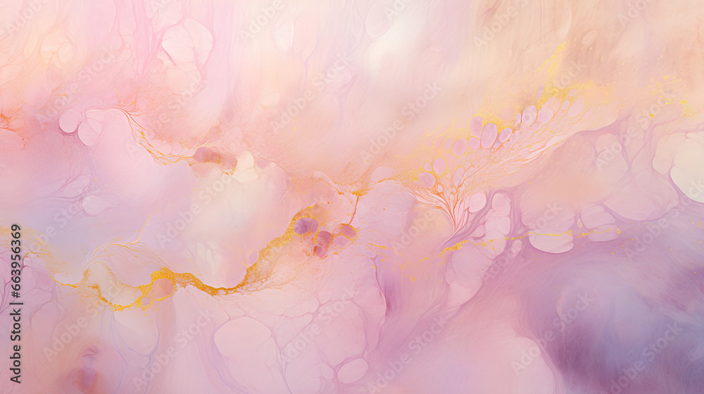 Abstract fractal marble pattern, in the style of pale pink and gold, marbleized, expressionistic madness, iridescence / opalescence, mixed media printing.