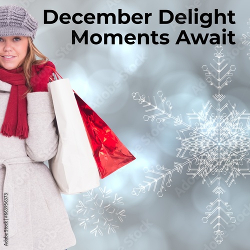 Composite of december delight moments await text over caucsaian woman with bags in winter landscape photo