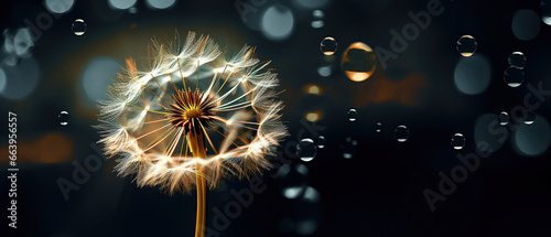 A seed of a dandelion flower on a mirror surface with reflection on a dark background. Dandelion in drops of rain water.