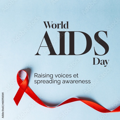 Composite of world aids day and red ribbon on blue background