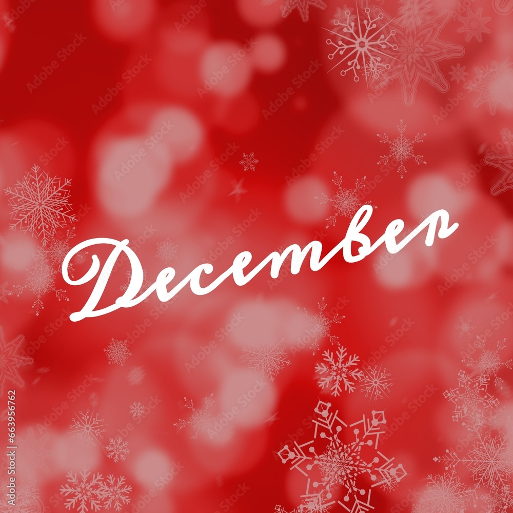 December text in white with white christmas snowflakes and bokeh lights on red background December text in white with white christmas snowflakes and bokeh lights on red background