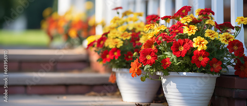 Beautiful bright red and yellow flowers in white pots on porch steps of cottage on background of lawn and yard. Soft selective focusing. © Santy Hong