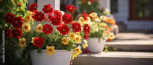 Beautiful bright red and yellow flowers in white pots on porch steps of cottage on background of lawn and yard. Soft selective focusing.