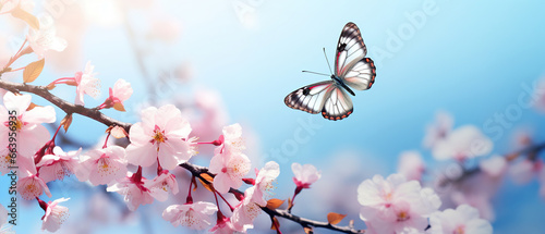 Beautiful butterfly and cherry blossom branch in spring on blue sky background with copy space, soft focus. Amazing elegant artistic image of spring nature, frame of pink Sakura flowers and butterfly.