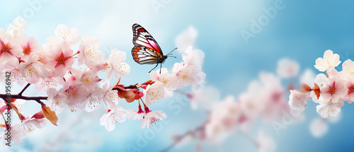 Beautiful butterfly and cherry blossom branch in spring on blue sky background with copy space, soft focus. Amazing elegant artistic image of spring nature, frame of pink Sakura flowers and butterfly. #663956942