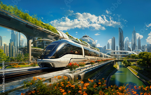An awe-inspiring image of a superfasr magnetic levitation city train, illustrating the future of efficient, high-speed rail travel	