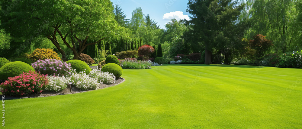 Obraz premium Beautiful manicured lawn and flowerbed with deciduous shrubs on plot or Park outdoor. Green lawn closely mowed grass.