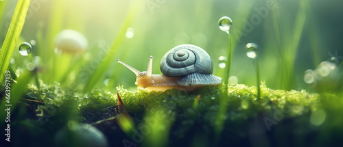 Beautiful lovely snail in grass with morning dew, macro, soft focus. Grass and clover leaves in droplets of water in spring summer nature. Amazingly cute artistic image of pure nature. photo