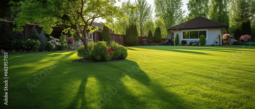 Fotografija Beautiful manicured lawn and flowerbed with deciduous shrubs on plot or Park outdoor