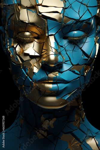 Close-up of a Blue Skinned Woman with a face Breaking in a lot of Golden pieces. Fashinating Young Lady wth closed Eyes.