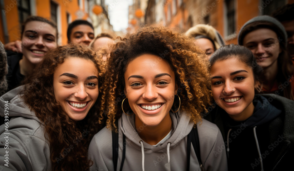 Multicultural group captures sunny outdoor selfie. Friendship, diversity, and joyful faces. Multicultural group captures sunny outdoor selfie. Friendship, diversity, and joyful faces.