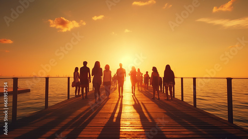 Beautiful symbolic image on theme of summer holidays - silhouettes of people on pier against background of setting sun, which paints everything around in yellow-orange tones.