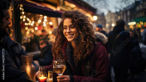Cheerful young woman with curly hair and glasses enjoying a relaxed evening at an outdoor city cafe on a date night. photo