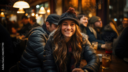 Joyful young woman with friends enjoying a cozy evening at a city cafe bar during winter.