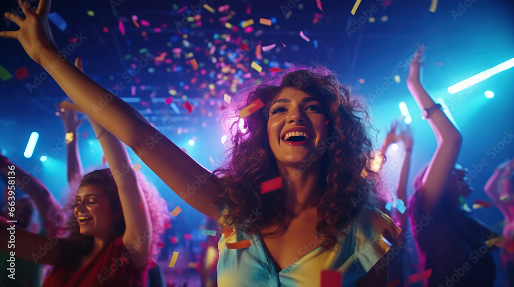 Carefree lady friendship have corporate festival buddies on neon modern disco with flying confetti hands up. Carefree lady friendship have corporate festival buddies on neon modern disco with flying confetti hands up.