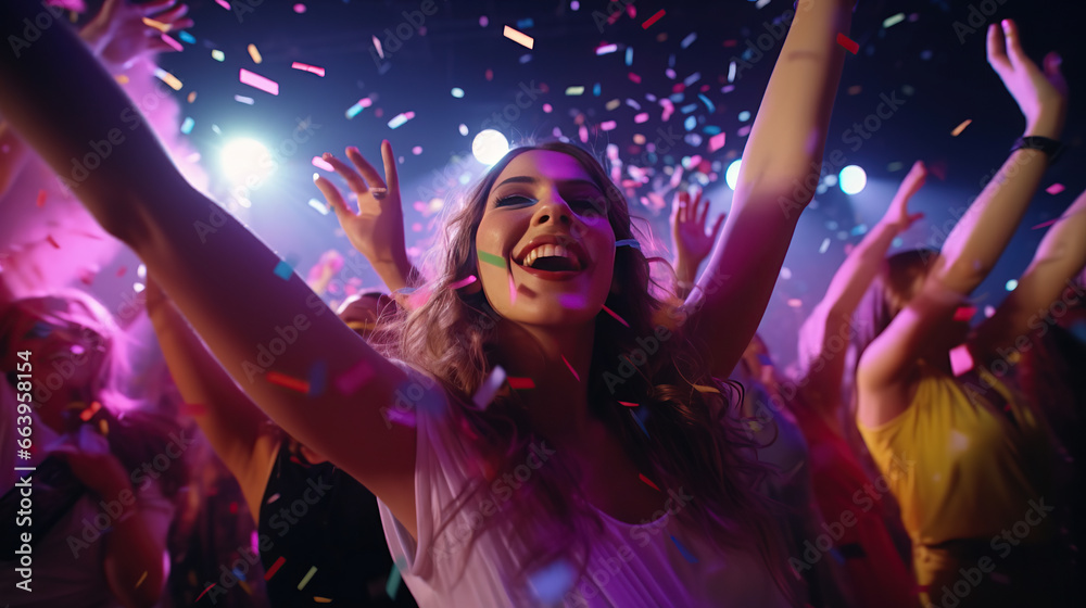 Carefree lady friendship have corporate festival buddies on neon modern disco with flying confetti hands up. Carefree lady friendship have corporate festival buddies on neon modern disco with flying confetti hands up.