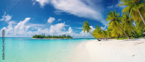 Bright tropical landscape with beautiful palm trees, turquoise ocean and blue sky with clouds. White sand beach on island in Maldives. © Santy Hong