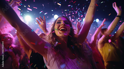 Carefree lady friendship have corporate festival buddies on neon modern disco with flying confetti hands up.