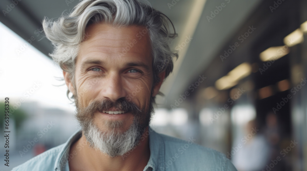 Cropped closeup portrait of caucasian mature middle-aged man looking at camera and smiling with people crowd on background Cropped closeup portrait of caucasian mature middle-aged man looking at camera and smiling with people crowd on background