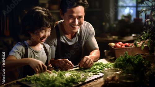 Asian father and son happily chopping vegetables at kitchen table. Generative AI