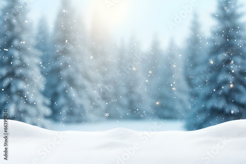 Winter Xmas Background With Snowfall and Blurred Bokeh.merry Christmas and Happy New Year Greeting Card With Copy-space. Christmas Landscape With Snow Covered Fir Trees in Forest.