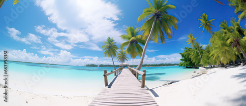 Coconut Palm tree on amazing perfect white sandy beach in island and a bridge to the bungalow. Perfect landscape background for relaxing vacation, island of Maldives. © Santy Hong