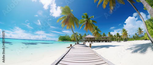 Coconut Palm tree on amazing perfect white sandy beach in island and a bridge to the bungalow. Perfect landscape background for relaxing vacation, island of Maldives.