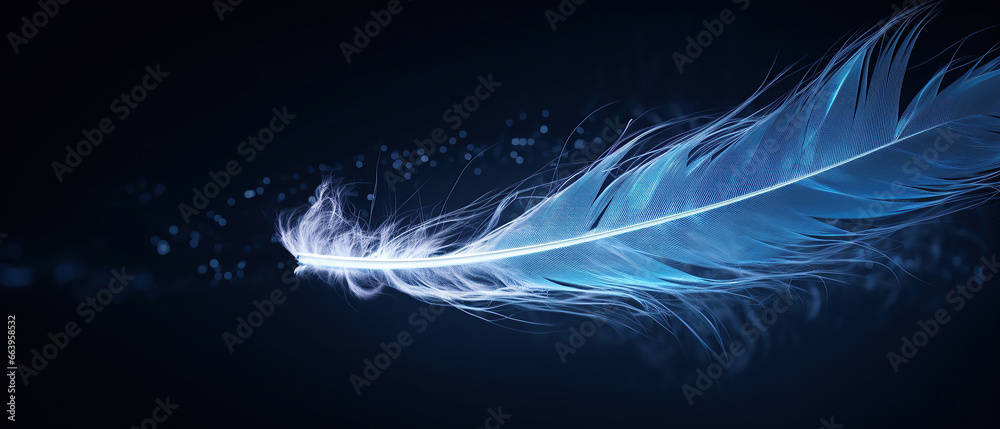 Naklejka premium Feather of a bird in droplets of water on a dark background macro. Silhouette of a blue and white feather abstract artistic image for design.