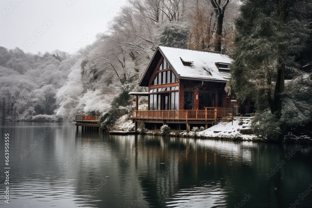 Fototapeta premium Amazing Wooden House near the Lake during Winter Season. Lot of Snow an Snowy Weather.
