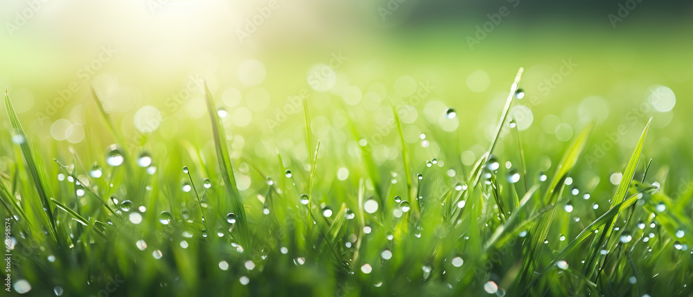 Green border of grass. Many dew drops glow and sparkle in sun in morning fresh wet grass in nature. Beautiful bokeh circles.