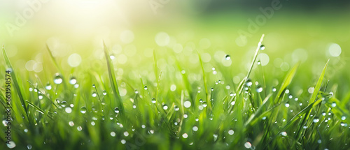 Green border of grass. Many dew drops glow and sparkle in sun in morning fresh wet grass in nature. Beautiful bokeh circles.