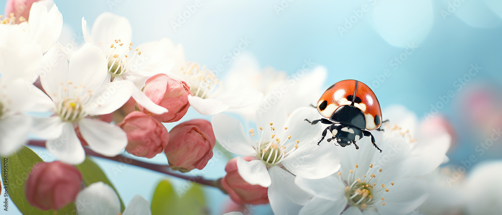 Ladybug close-up on a fluffy flower spring or summer outdoors macro soft focus. Light blue blurred background. Floral background desktop wallpaper a postcard. Romantic soft gentle artistic image.