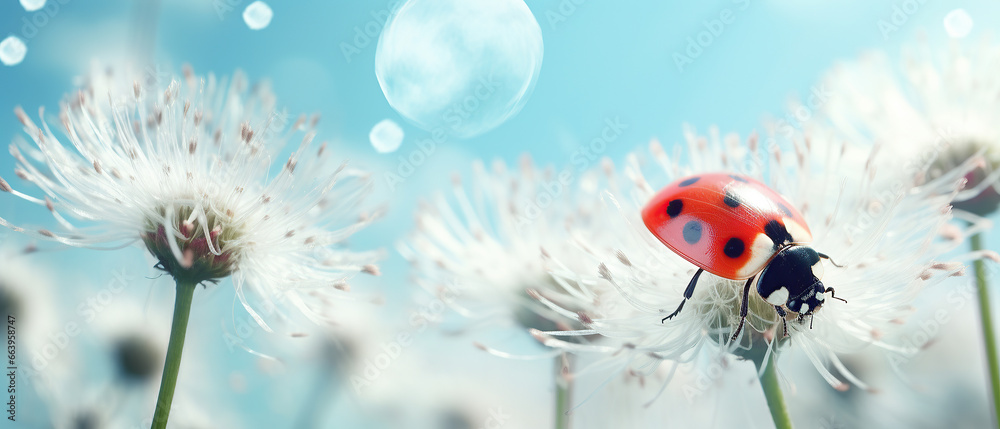 Ladybug close-up on a fluffy flower spring or summer outdoors macro soft focus. Light blue blurred background. Floral background desktop wallpaper a postcard. Romantic soft gentle artistic image. Ladybug close-up on a fluffy flower spring or summer outdoors macro soft focus. Light blue blurred background. Floral background desktop wallpaper a postcard. Romantic soft gentle artistic image.